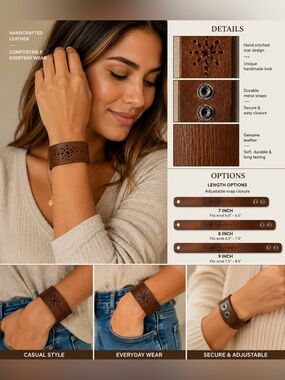 Rustic Hand-Stitched Brown Faux Leather Cuff Bracelet